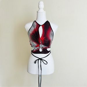 Red & Black Tonal Wave Abstract Swirl Asymmetrical CutOut Strappy Halter Top